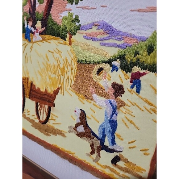 Vintage 1992 Crewel Harvesting the Hey Finished Framed Sunset Stitchery - Picture 11 of 11